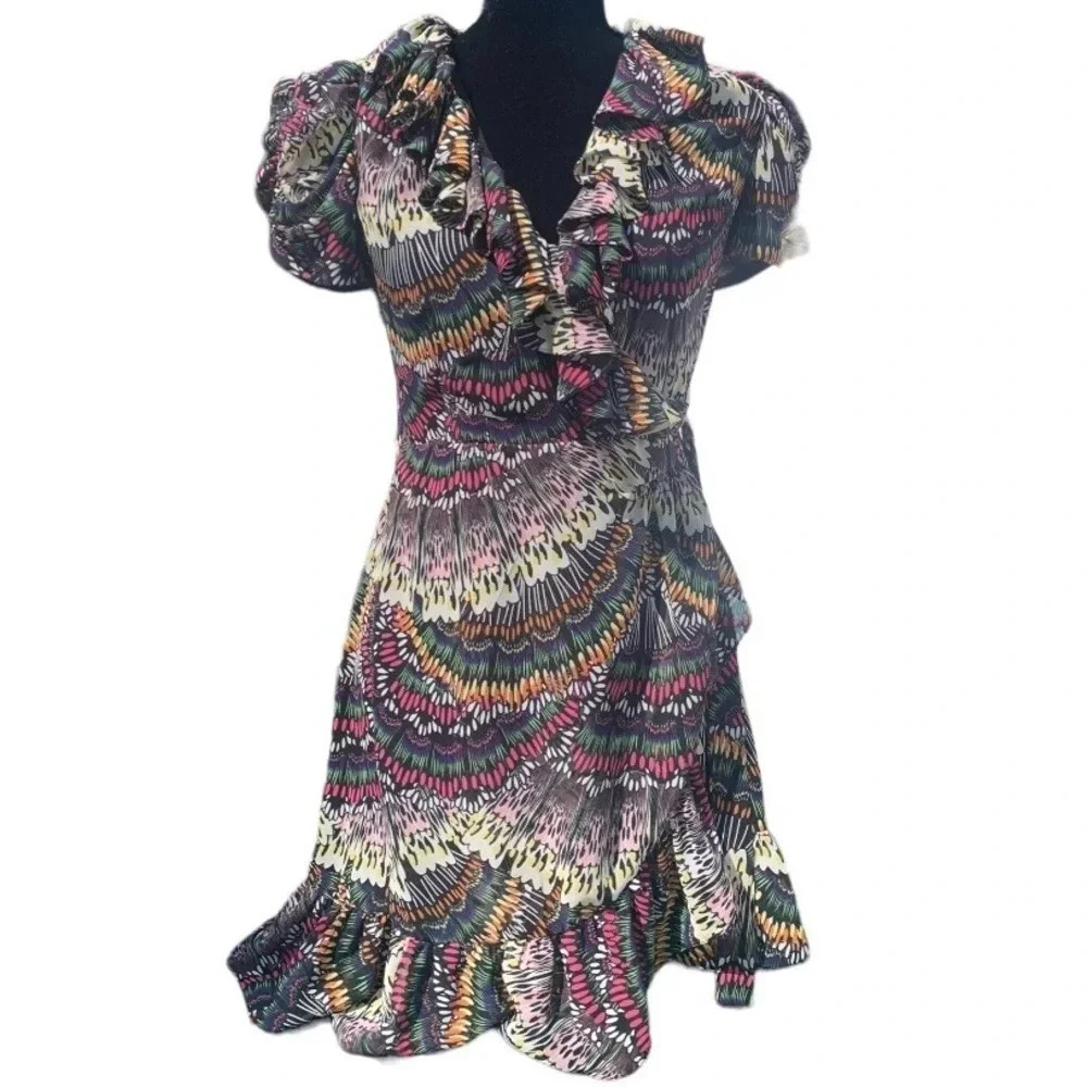 Jill Stuart Women’s Butterfly Pattern Ruffle Wrap Mini Dress Puff Sleeve Size 2